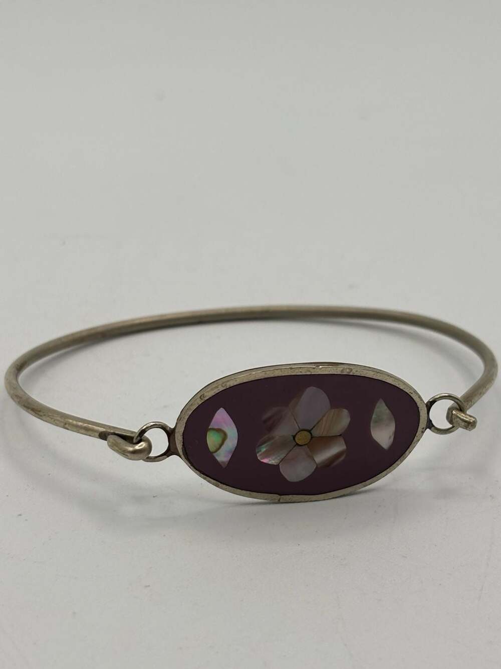 Vintage Alpaca Mexico Hinged Bangle Bracelet with Red Enamel and Mother of Pearl